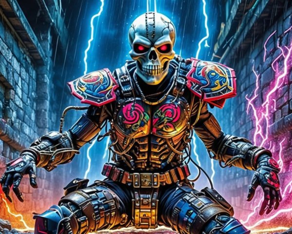 Futuristic Skeleton Warrior in Dark Mystical Setting