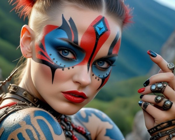 Portrait of a Woman with Bold Face Paint and Tattoos