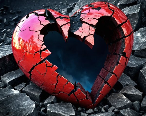 Shattered Red Heart Among Jagged Rocks and Darkness