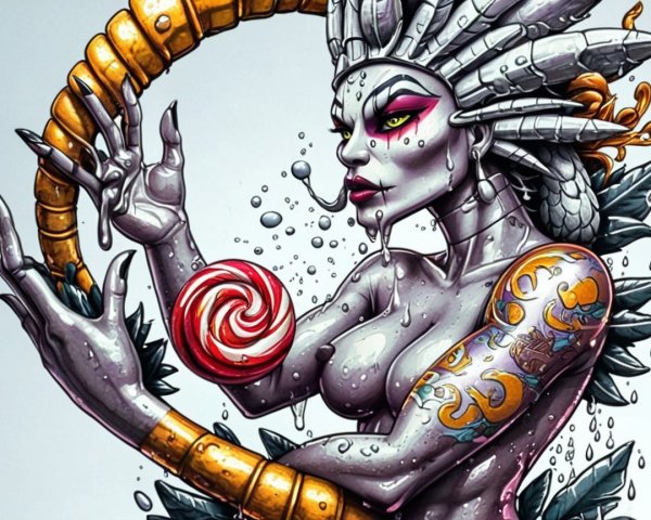 Stylized character with metallic skin and vibrant colors