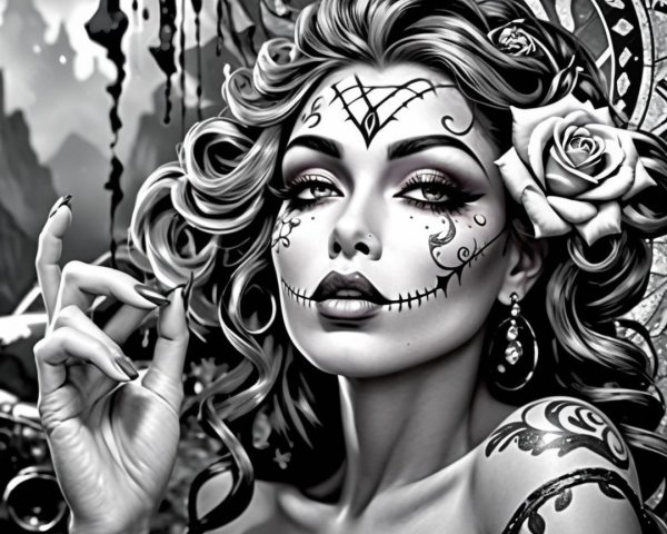 Black-and-white portrait of a woman with sugar skull face paint