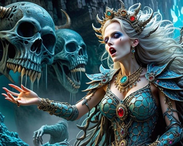 Regal Woman in Intricate Armor with Ominous Skulls