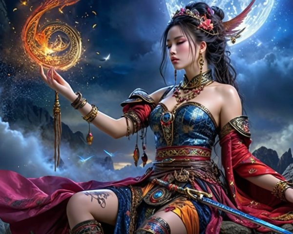Mystical Warrior Woman with Orb Under Full Moon