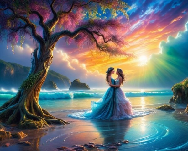 Seascape at Sunset with Embracing Women and Blossoms
