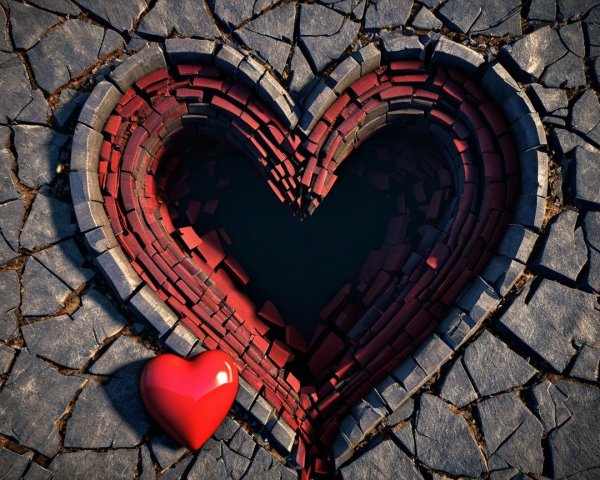 Heart-Shaped Void in Cracked Stone Surrounded by Bricks