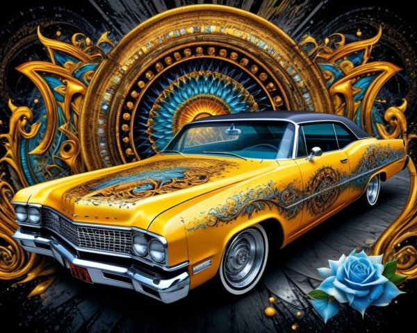 Vintage Yellow Car with Blue and Gold Designs
