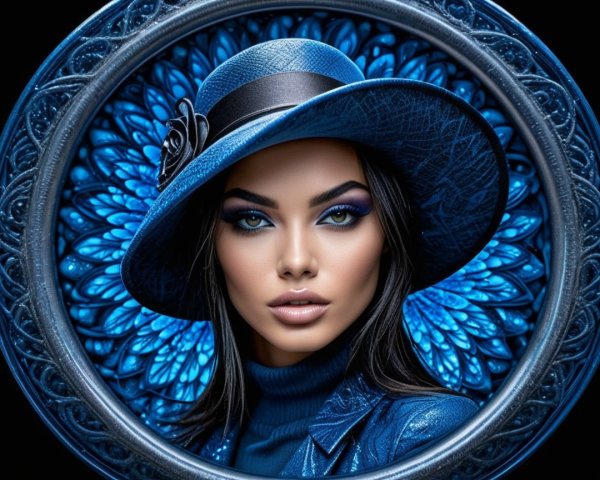 Elegant Woman in Blue Hat with Floral Design