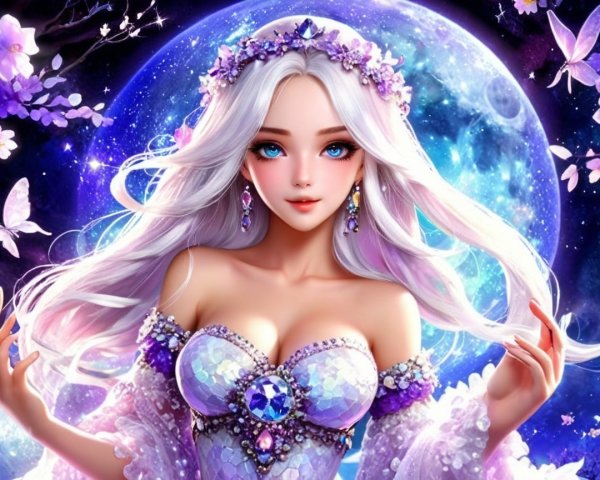 Ethereal Woman in Iridescent Gown with Floral Crown