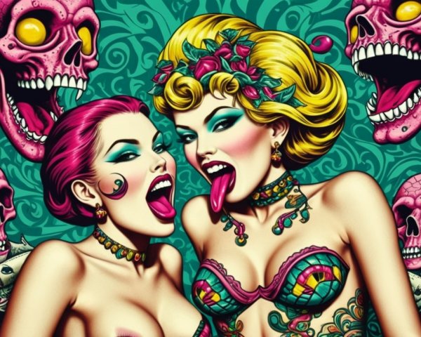Vibrant Women with Bold Makeup and Whimsical Skulls