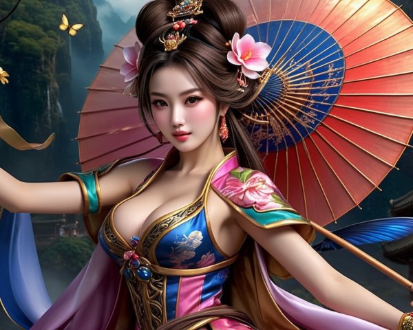 Elegant Woman with Parasol in Serene Landscape