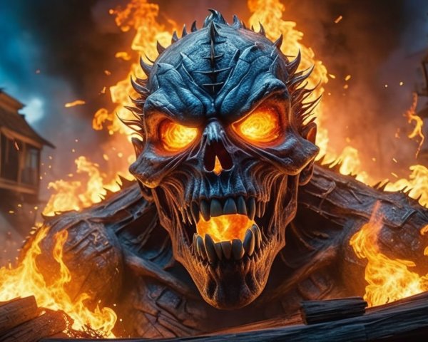 Large skull-like creature in a fiery environment