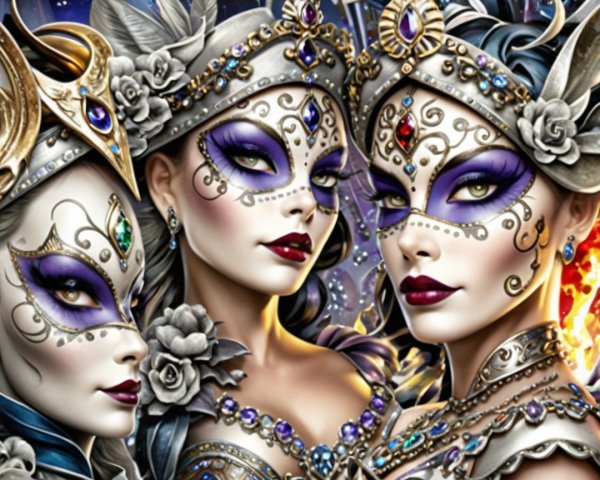 Elegant Women in Ornate Masquerade Masks and Makeup