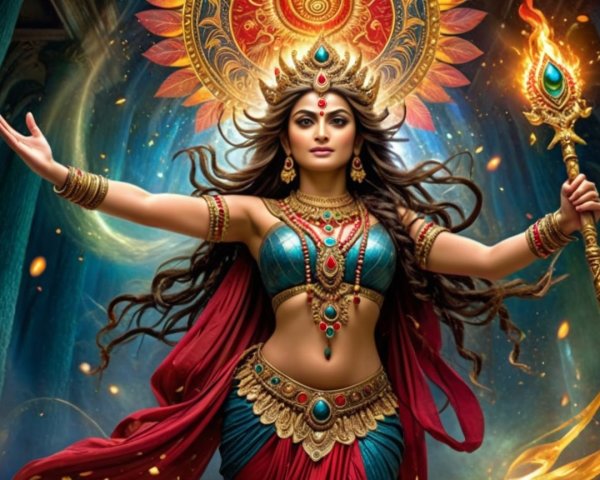 Majestic goddess figure in vibrant traditional attire
