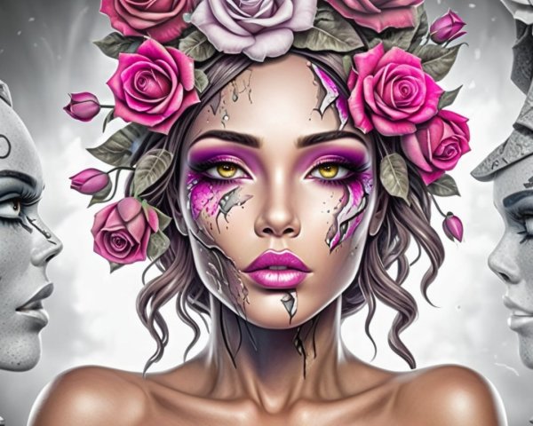 Striking Woman with Floral Crown and Dramatic Makeup