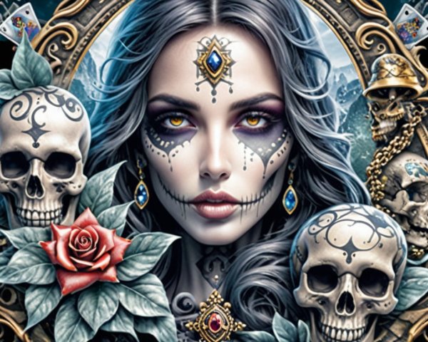 Woman with Sugar Skull Makeup and Ornate Background