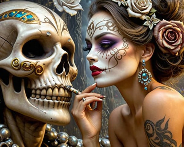 Woman with Sugar Skull Makeup and Skeleton in Decorated Setting