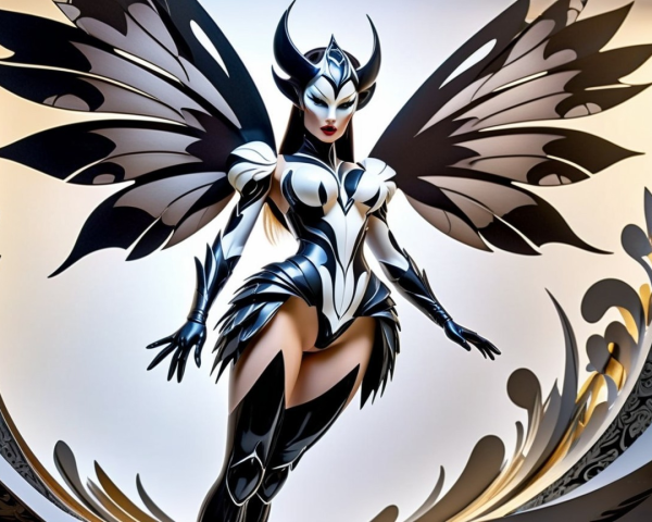 Female figure in black and white armor with wings