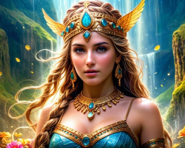 Majestic figure in turquoise gown with golden jewelry