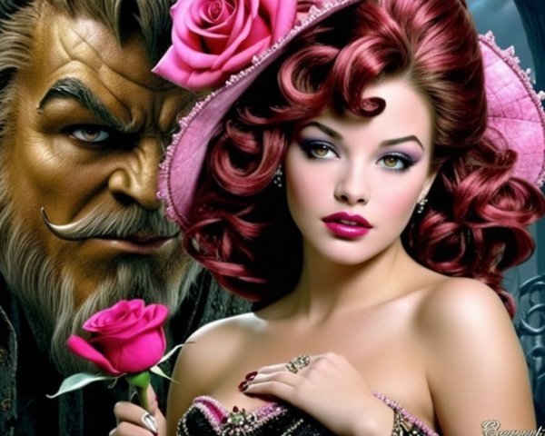 Glamorous Woman with Red Hair and Rugged Man Portrait