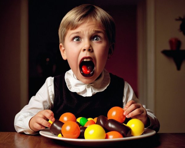 Child with surprised expression and colorful candies