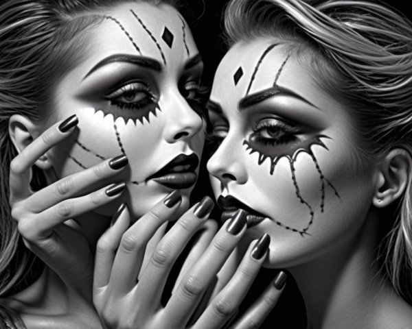 Dramatic Theatrical Makeup on Two Women with Contrast