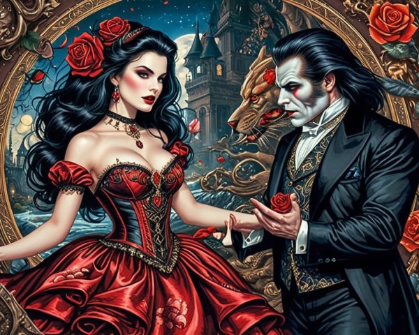 Gothic Scene with Woman in Red Gown and Castle