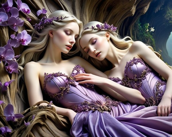 Ethereal Figures in Lilac Gowns Among Orchids