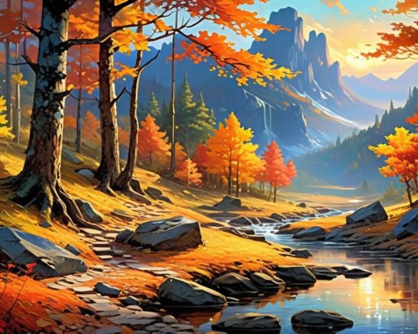 Vibrant Autumn Landscape with Mountains and Stream