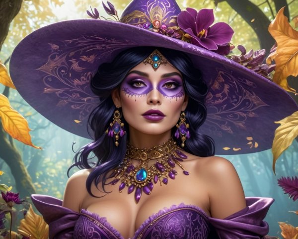 Woman in Purple Outfit in a Vibrant Forest Setting