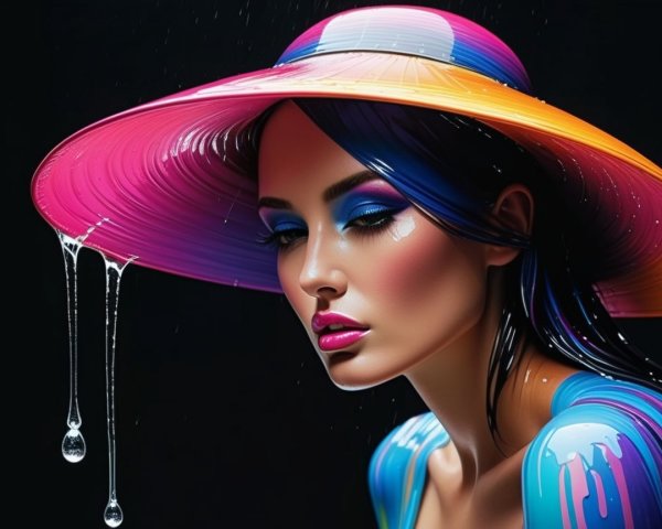 Portrait of a woman with vibrant makeup and colorful hat