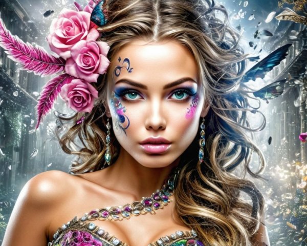 Woman with Floral Adornments and Intricate Makeup