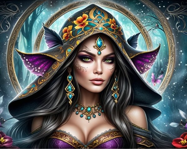 Mystical Woman in Cloak Surrounded by Enchanted Forest