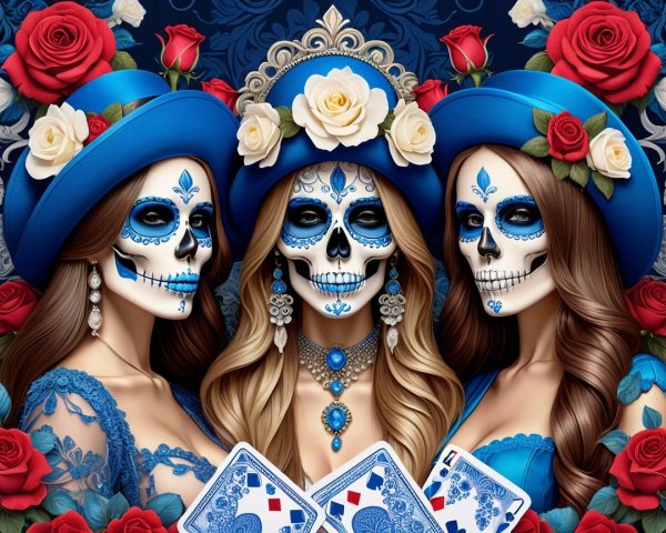 Elegantly Dressed Women with Día de los Muertos Makeup