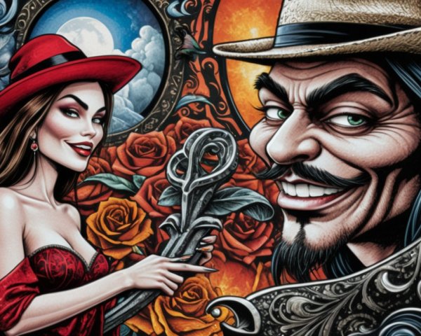 Stylized Artwork of Woman with Key and Sinister Man