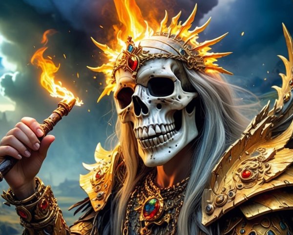 Dramatic fantasy figure in ornate golden armor