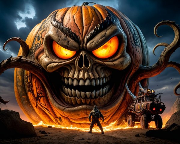Ominous Pumpkin with Skull Face Against Stormy Sky