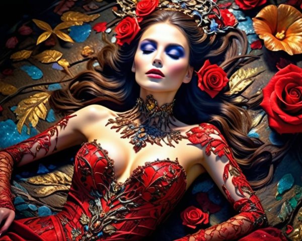 Elegant Woman in Red Gown Surrounded by Roses
