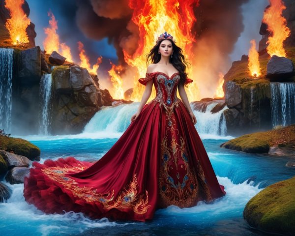 Majestic Figure in Red Gown Amidst Waterfalls and Fire