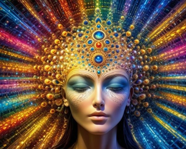 Serene figure with jeweled headdress and colorful background