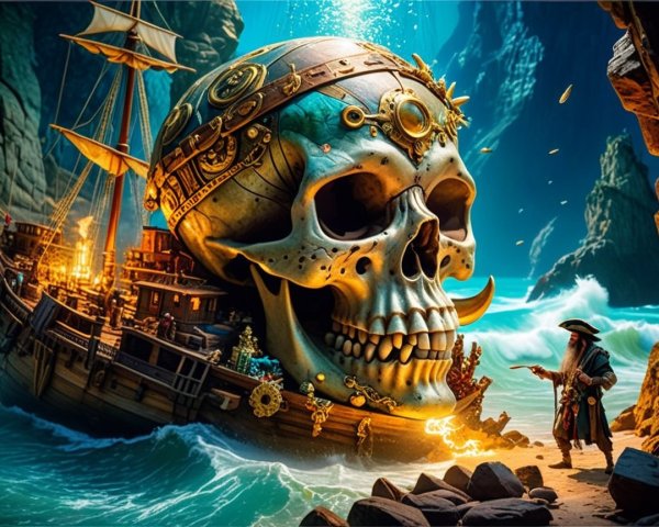 Decorative Skull and Pirate on Rocky Coastal Shore