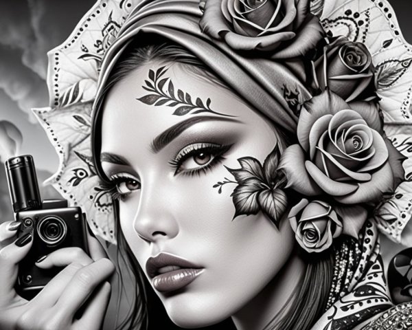 Monochromatic Portrait of Woman with Floral Designs