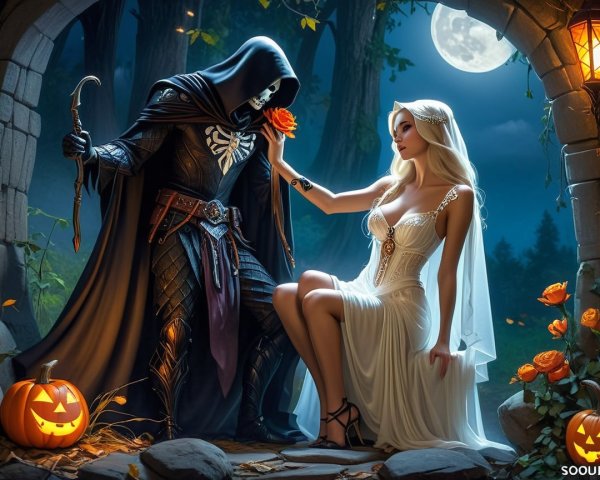 Moonlit Forest with Cloaked Figure and Enchanted Scene