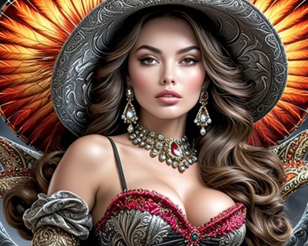 Beautiful Woman in Ornate Hat and Vibrant Dress