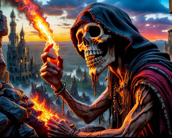 Skeletal Figure in Dark Robes with Flaming Staff
