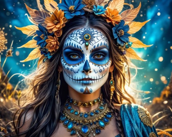 Woman with Sugar Skull Makeup and Floral Crown