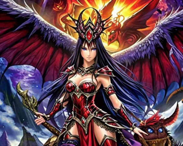 Fantasy Character in Red and Black Armor with Wings