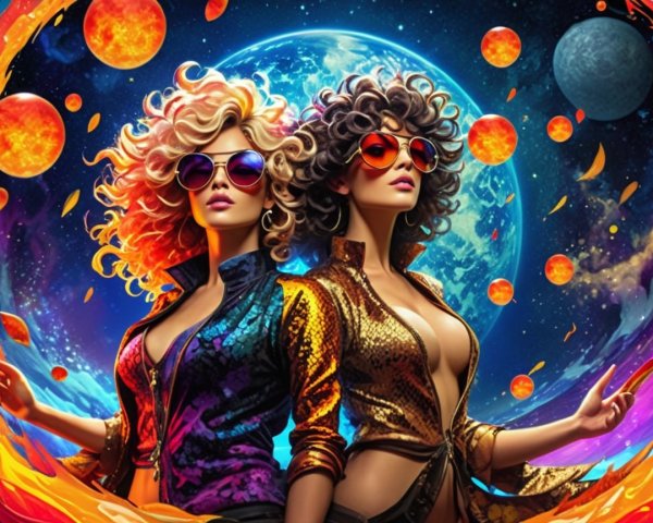Stylish Women in Cosmic Fashion Setting with Vibrant Colors