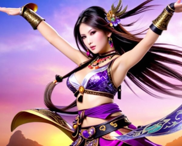 Female figure in colorful costume against sunset backdrop
