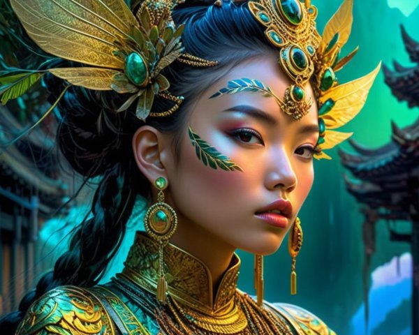 Young Woman in Golden Attire with Emerald Accents