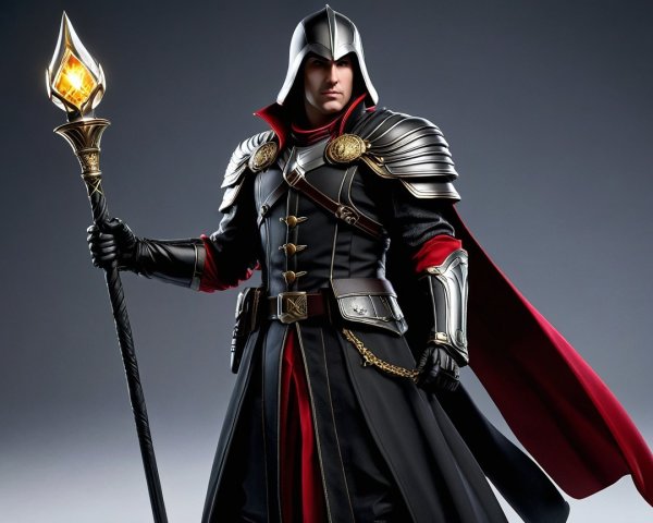 Confident Figure in Black and Red Armored Costume